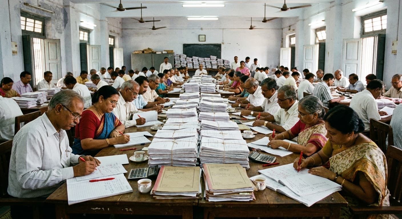 Traditional paper-based exam evaluation center with stacks of answer booklets