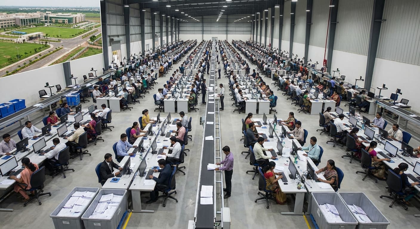 Large-scale examination scanning center with rows of workstations