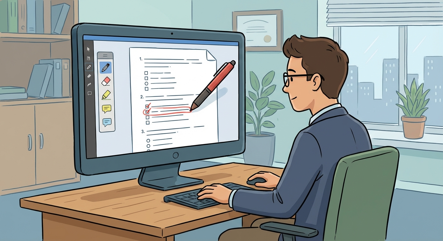 Evaluator marking answer sheets on screen